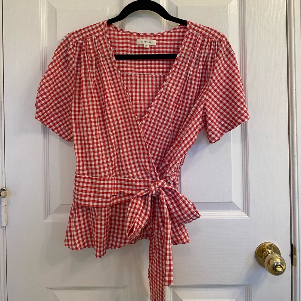 Max Studio Red Checkered Wrap Blouse